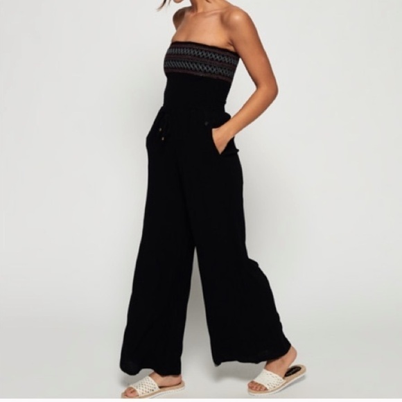 Superdry Pants - Superdry Black Strapless Wide-Leg Jumpsuit with Patterned Bodice